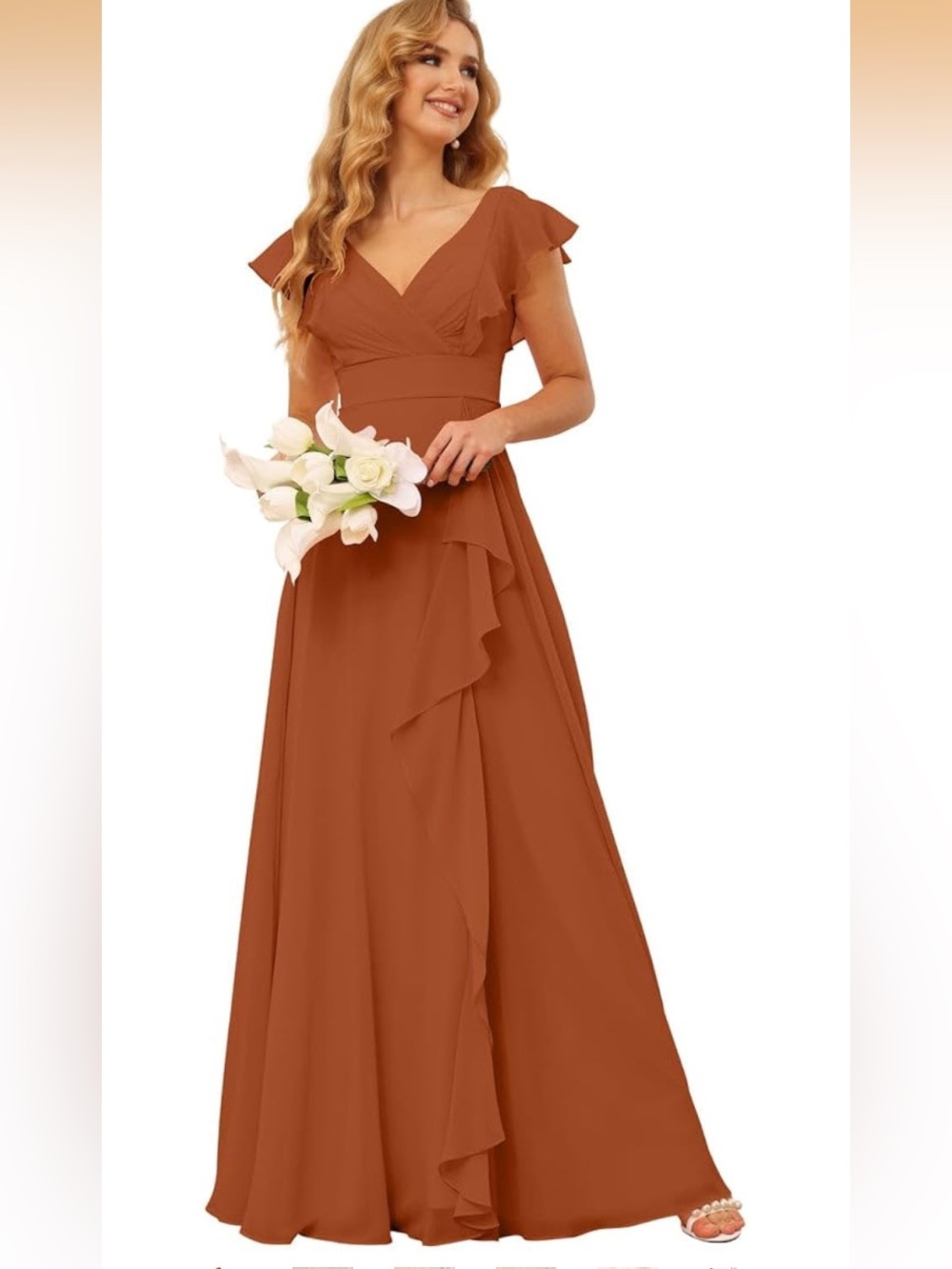 Flutter-Sleeve Burnt Orange Maxi Dress with Ruffle Detail